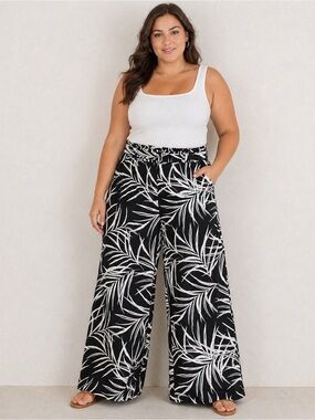 Robert Louis Black Wide-Leg Palm Print Paperbag Pants